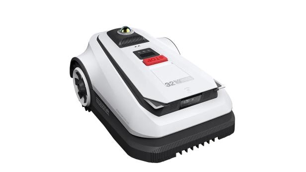 Ein weißer TrueEdge-Mähroboter mit einem roten Stoppknopf.
