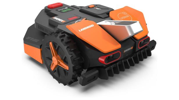 Ein Worx Landroid Vision S250 Rasenmähroboter in Schwarz und Orange.