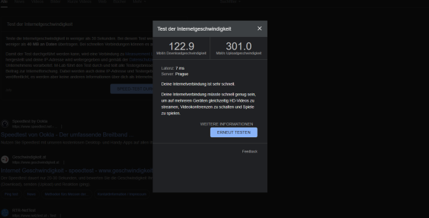 Ein Pop-up-Fenster zeigt die Ergebnisse eines Google-Speedtests an.