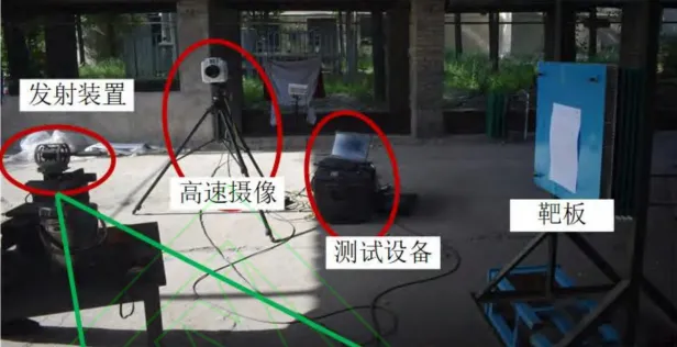 Vlnr. Kanone, Hochgeschwindigkeitskamera, Laptop für die Auswertung der Aufnahmen und das Ziel.