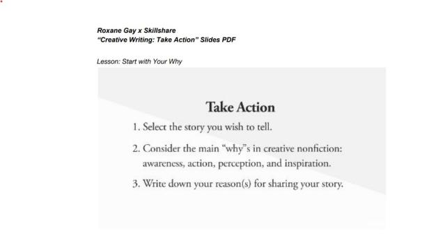 Screenshot des Arbeitsblatts zum Roxane Gay-Kurs auf Skillshare.