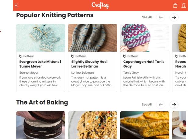 Screenshot von Craftsy mit Strickmustern und Backrezepten.