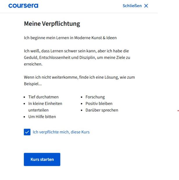 Ein Screenshot der Coursera-Seite „Meine Verpflichtung“.