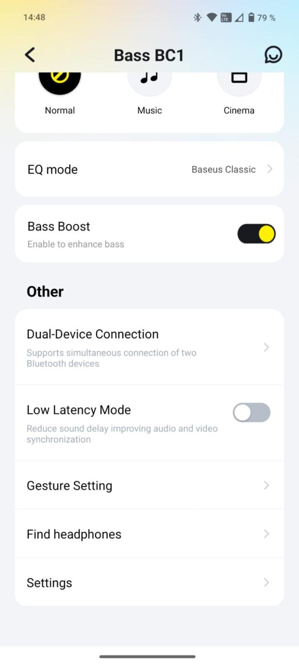 Ein Screenshot der Baseus-App mit den Einstellungen für Bass BC1.