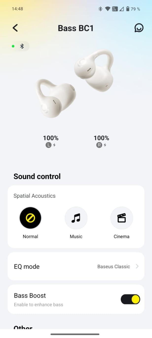 Screenshot der Baseus-App mit den Einstellungen für die Bass BC1 Kopfhörer.