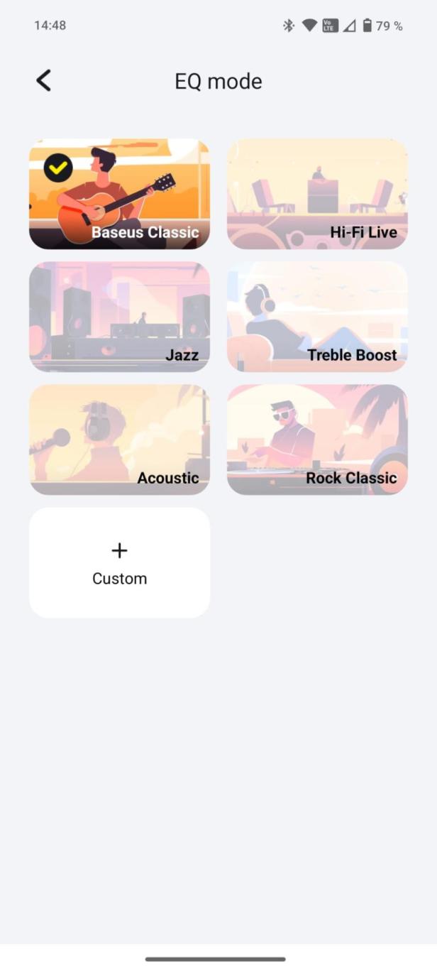 Ein Screenshot der Baseus-App mit verschiedenen Equalizer-Modi.