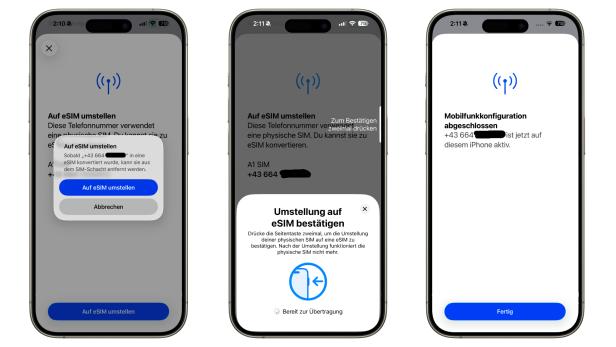 Screenshots von einem iPhone, das den Prozess der Umstellung auf eine eSIM zeigt.