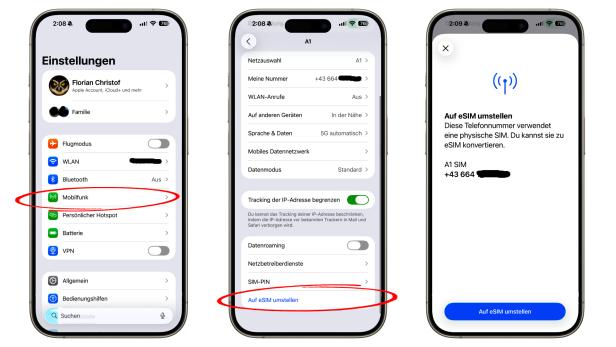 Screenshots von iPhone-Einstellungen, die die eSIM-Konvertierung zeigen.