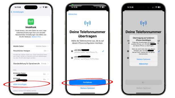 Screenshots von iPhone-Einstellungen zur Übertragung einer Telefonnummer.