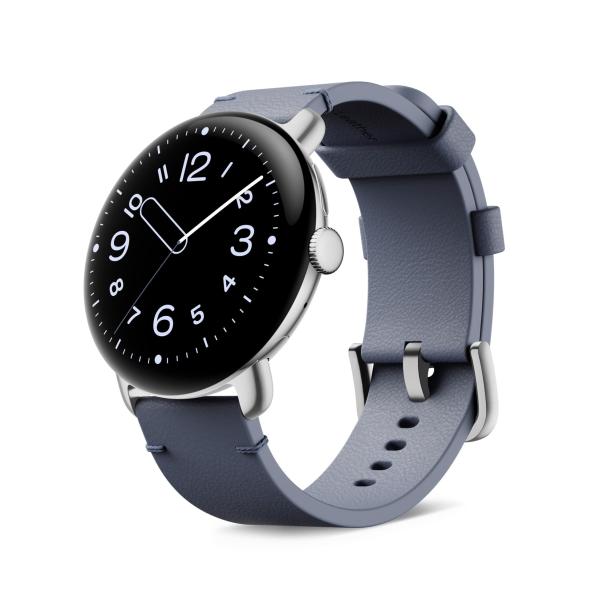 Eine Google Pixel Watch 4 mit blauem Armband.