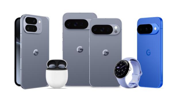 Eine Sammlung von Google Pixel-Produkten, darunter Smartphones, Ohrhörer und eine Smartwatch.