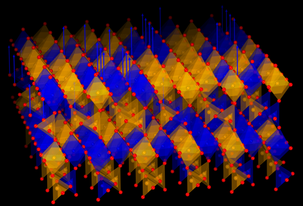 Schematische Struktur einer Kristallstruktur mit Tetraedern und roten Kugeln.