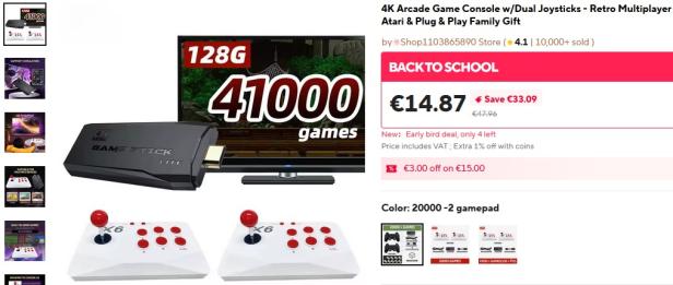 Typisches Angebot einer „Retro-Konsole“ mit vorinstallierten Spielen auf Aliexpress, in diesem Fall in der Form eines HDMI-Sticks.