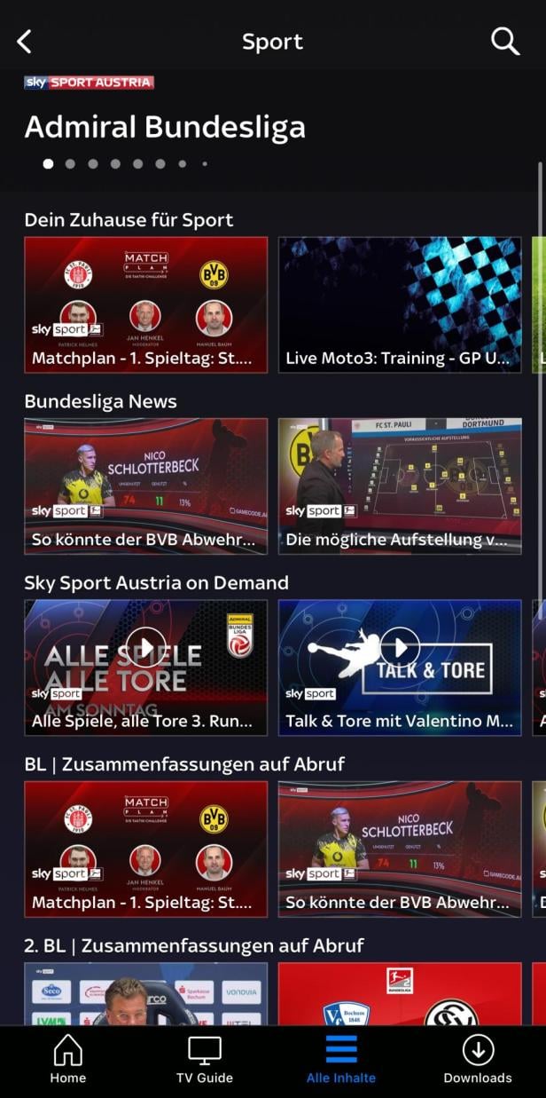 Sportübersicht der Sky Go App mit verschiedenen Videos.