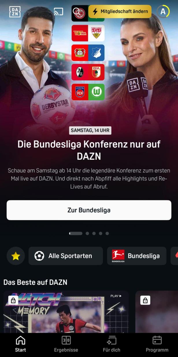 Dashboard der DAZN App mit verschiedenen Videos.