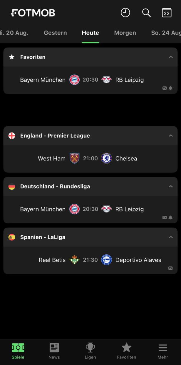 Übersicht der Fotmob App mit verschiedend Teams und Spielen.