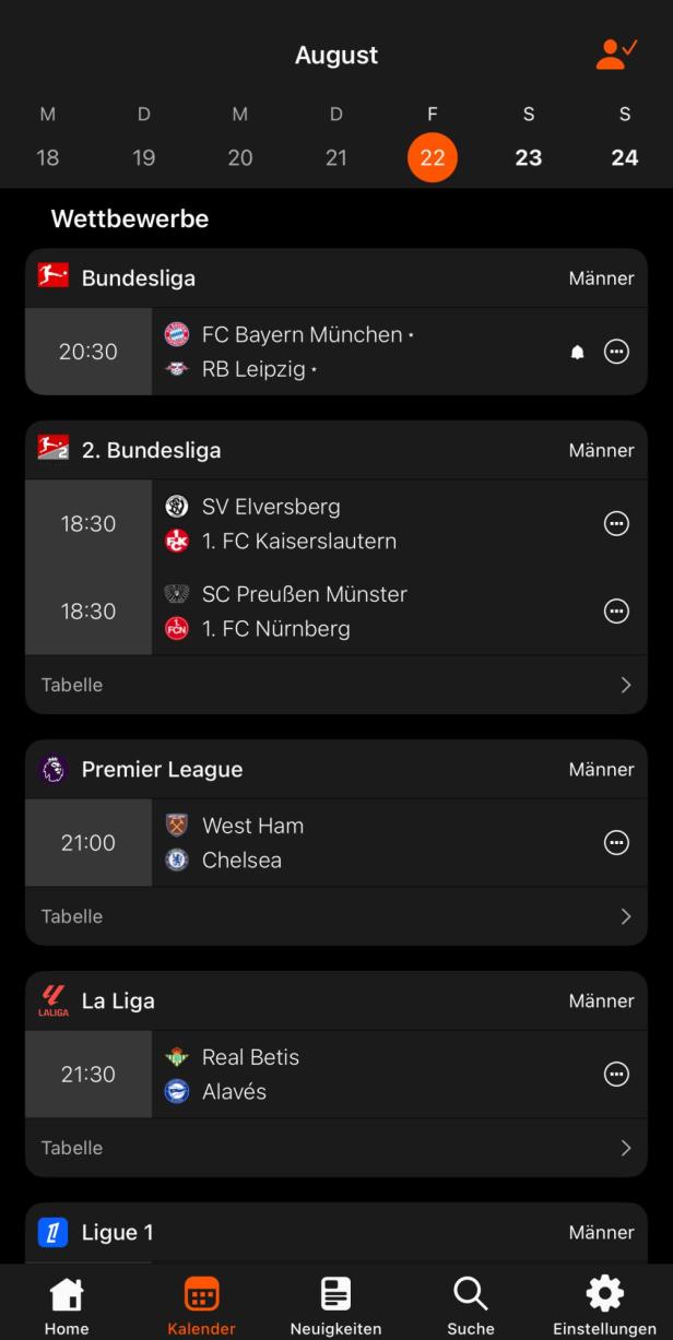 Übersicht der verschiedenen Teams und anstehenden Spiele in der Forza Football App.