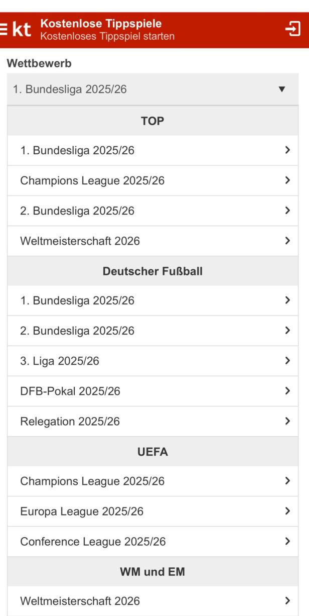 Übersicht über die angebotenen Ligen in der Kicktipp App.