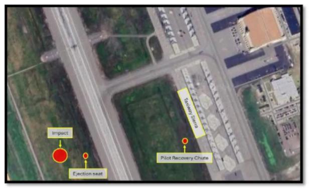 Satellitenaufnahme mit Markierungen, die den Absturzort zeigen und die Stelle, an der der Pilot gelandet ist.