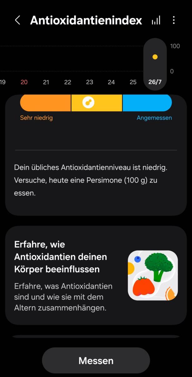 Ein Screenshot einer App, die den Antioxidantienindex anzeigt.