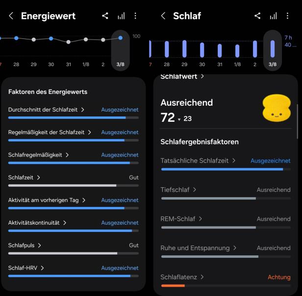Eine Smartphone-Ansicht von Diagrammen und Daten zum Energiewert und Schlaf, mit Bewertungen wie „Ausgezeichnet“ und „Ausreichend“.