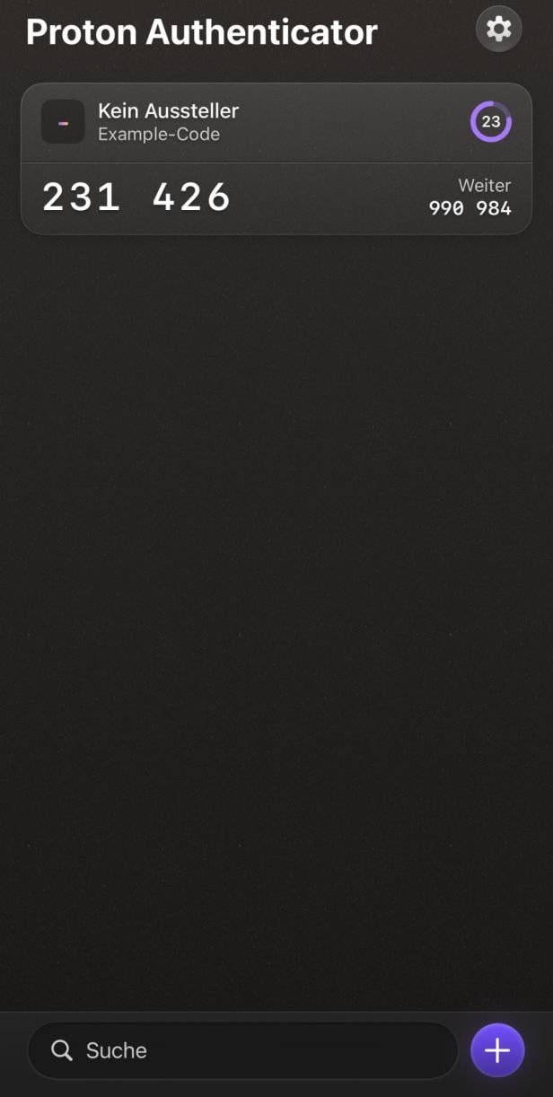 Dashboard der Proton Authenticator App mit Einmalcodes.