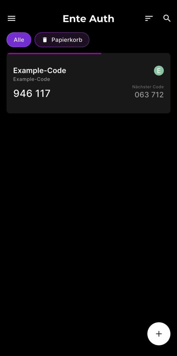 Dasboard der Ente Auth App mit einem Einmalcode.
