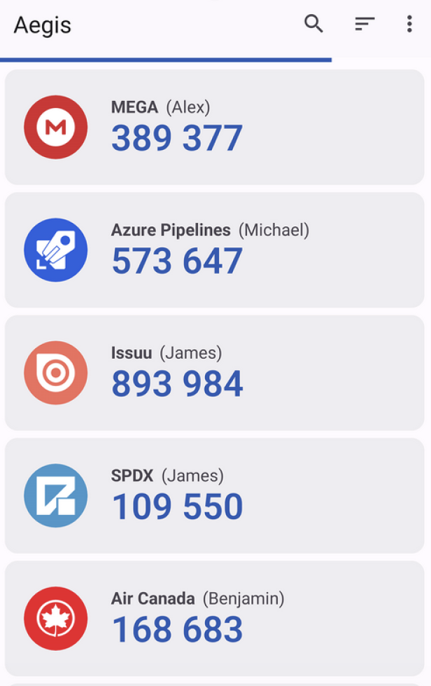 Dashboard der Aegis App mit Einmalcodes.