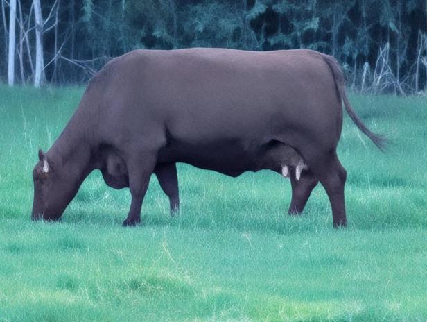 Eine braune Kuh grast auf einer grünen Wiese.