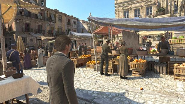 Eine belebte Marktszene in „Mafia: The Old Country“.