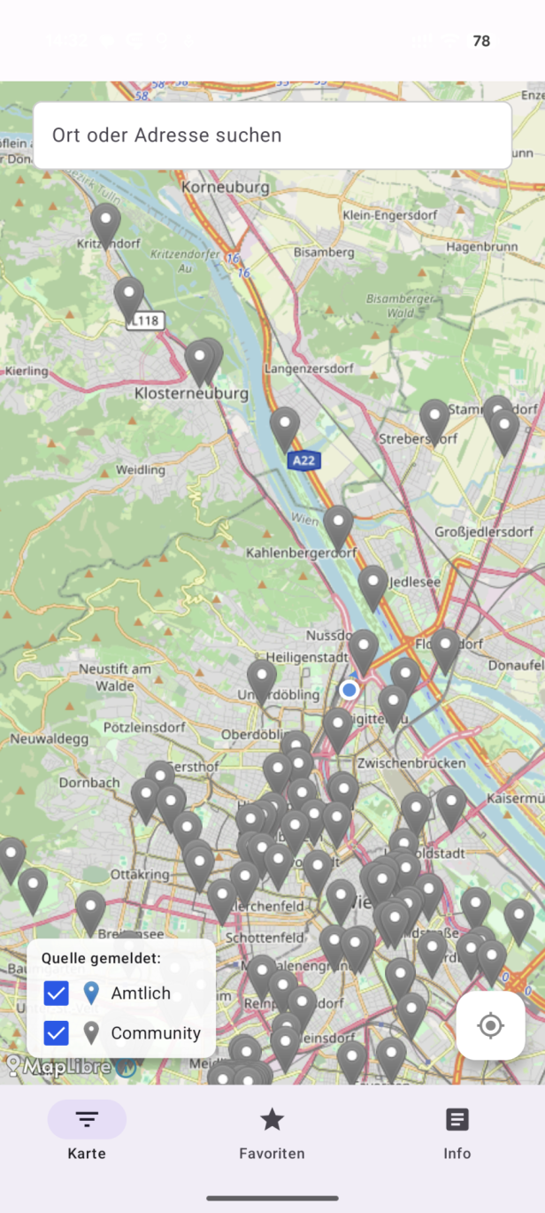 Eine Karte von Wien mit zahlreichen Ortsmarkierungen und der Suchleiste „Ort oder Adresse suchen“.
