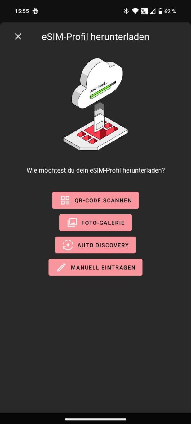 Ein Smartphone-Bildschirm zeigt Optionen zum Herunterladen eines eSIM-Profils.