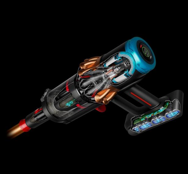 Eine Schnittansicht eines kabellosen Staubsaugers, der seine inneren Komponenten zeigt.