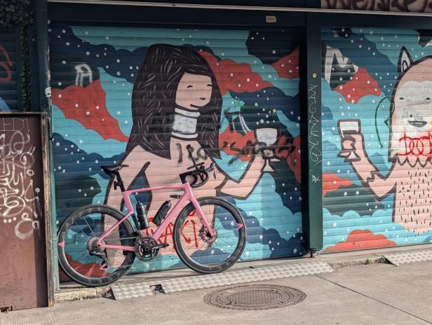 Ein pinkes Fahrrad lehnt an einer Rolltor-Graffitiwand mit einer Frau und einer Cartoon-Figur.
