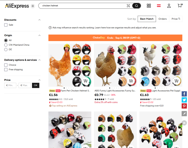 Ein Screenshot von AliExpress, der Hühnerhelme in verschiedenen Designs zeigt.