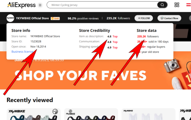 Ein Screenshot der AliExpress-Seite des YKYWBIKE Official Store mit positiven Bewertungen.
