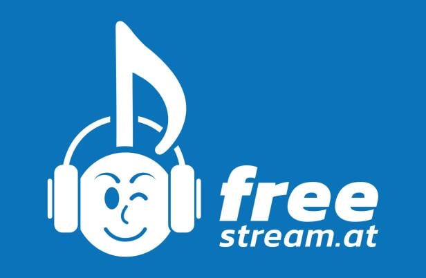 Das Logo von „freestream.at“ zeigt ein stilisiertes Gesicht mit Kopfhörern und einer Musiknote.
