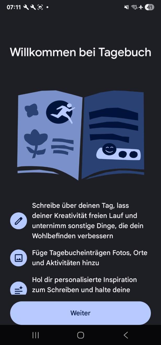 Startbildschirm der Google Tagebuch-App mit Willkommensnachricht und Funktionsübersicht.