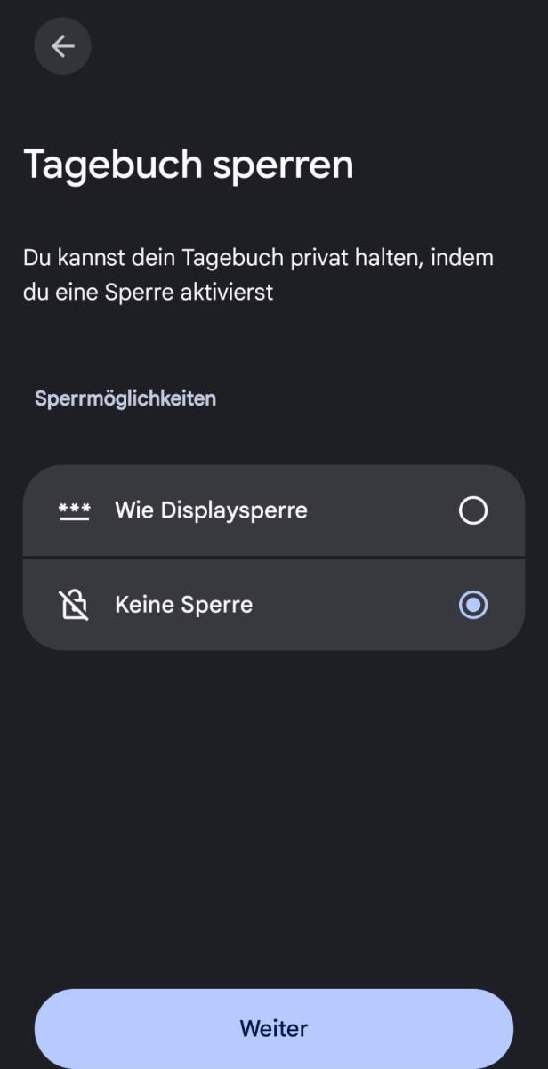 Auswahl der Sperre für die Journal App.