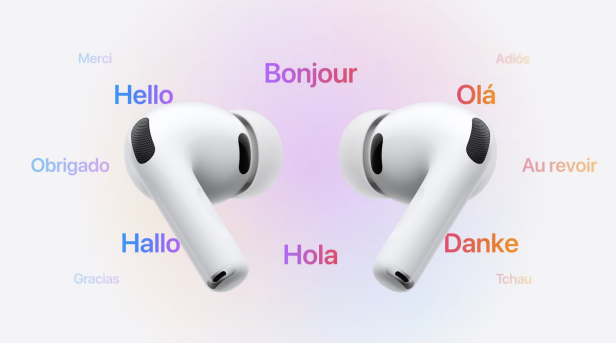 Zwei weiße AirPods Pro umgeben von Grußwörtern in verschiedenen Sprachen.