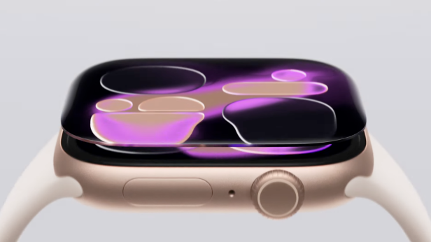 Nahaufnahme einer Apple Watch Series 11 mit abstraktem Zifferblatt.