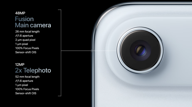 Details der 48-MP-Fusion-Hauptkamera und des 12-MP-2x-Teleobjektivs eines Smartphones.