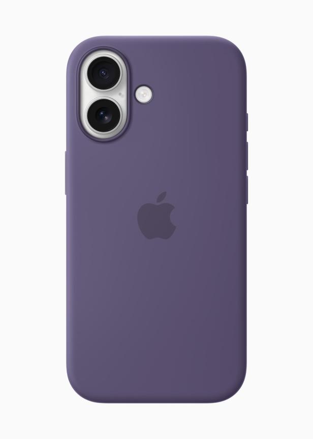 Ein lila iPhone mit zwei Kameras und dem Apple-Logo.