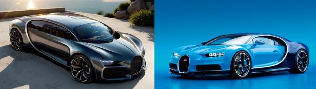 Das Dreame-Auto (links) schaut dem Bugatti Chiron (rechts) zum Verwechseln ähnlich.