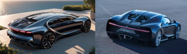 Das Dreame-Auto (links) schaut dem Bugatti Chiron (rechts) zum Verwechseln ähnlich.