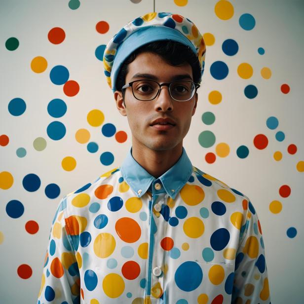 Ein Mann mit Brille, Hut und Hemd mit bunten Kreisen steht vor einer Wand mit Kreisen.