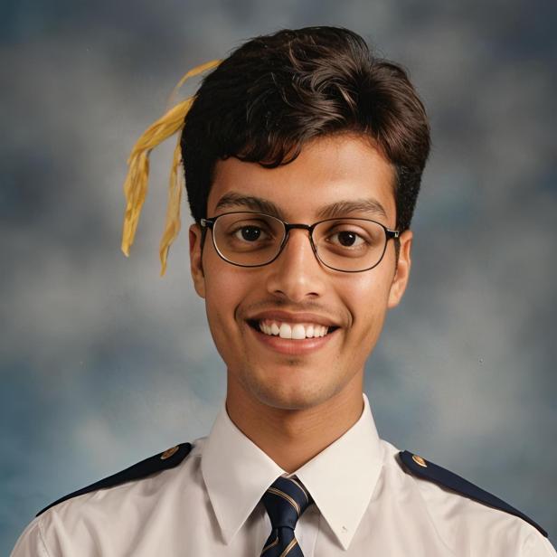 Ein lächelnder junger Mann mit Brille und Uniform vor einem neutralen Hintergrund.