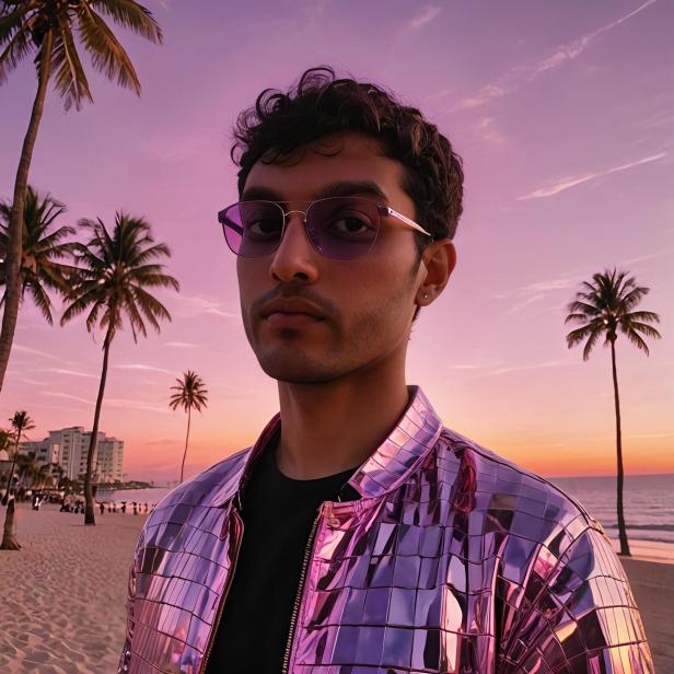 Ein Mann mit lila Sonnenbrille und glänzender Jacke am Strand bei Sonnenuntergang.