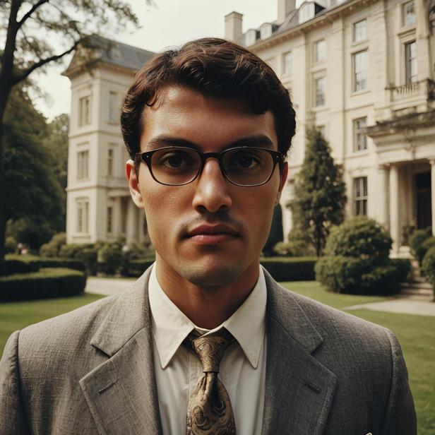 Ein Mann mit Brille und Anzug steht vor einem herrschaftlichen Gebäude.