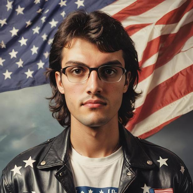 Ein Mann mit Brille und Lederjacke vor einer amerikanischen Flagge.